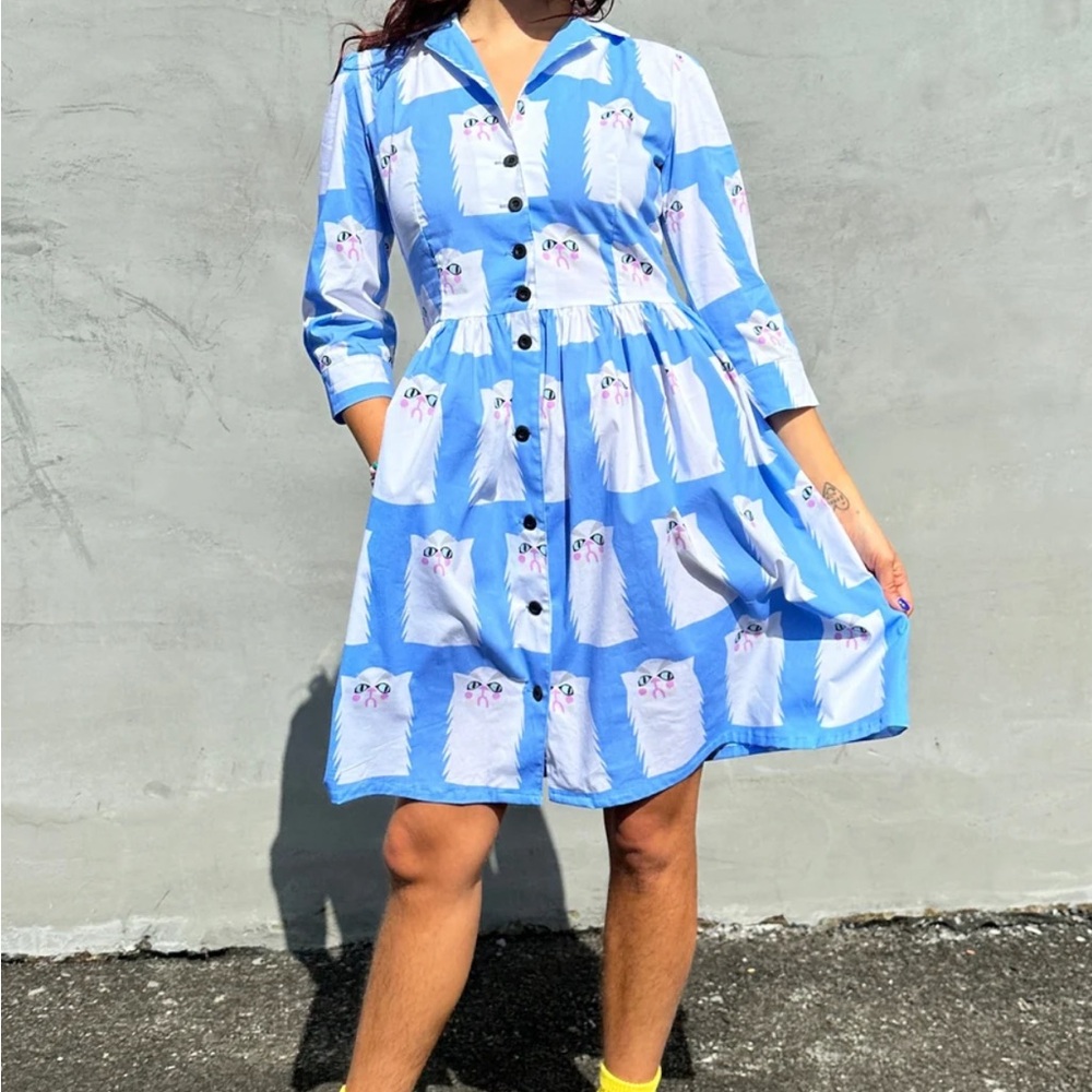 Nooworks Blue and White Tiered Midi Dress Betty Grumpy Cat